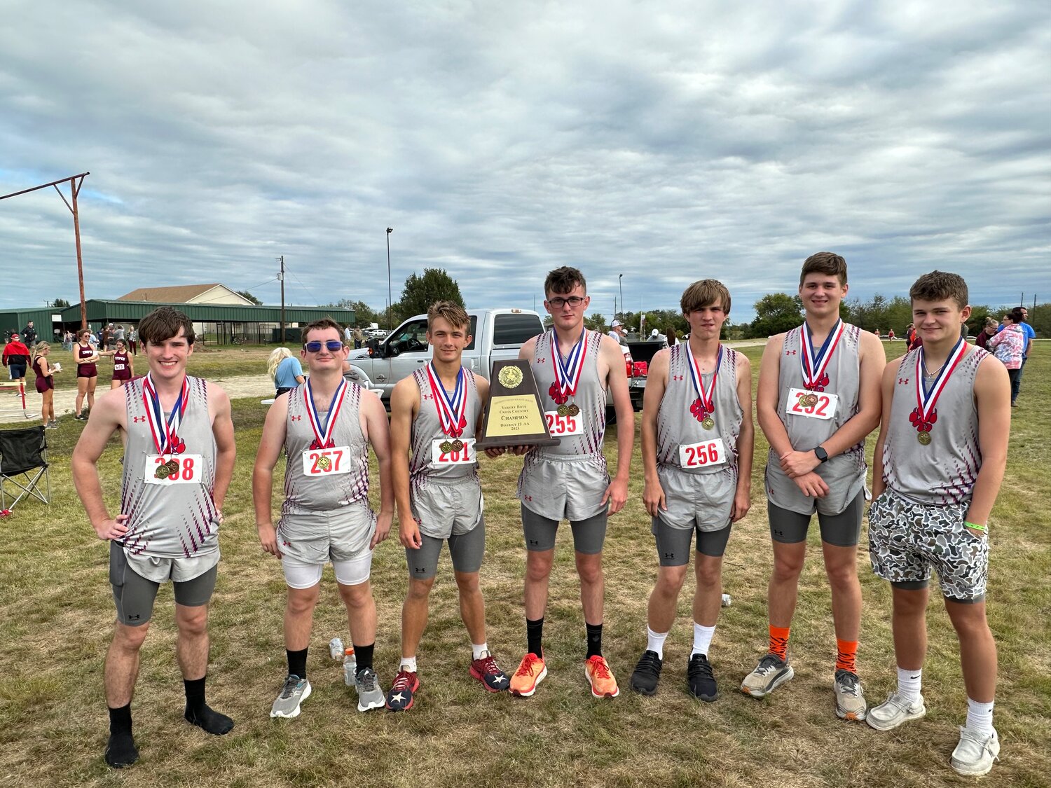 The Alba-Golden boys varsity cross country team won the district championship last week, edging North Hopkins. The team includes, from left, Hudson Wright, Collin Nichols, Brandt Peterson, Chandler Lee, Zach Morris, Drake Duplechain and Logan Strong.  They will compete at the regional meet to be held on Oct. 24 at Lynn Creek Park in Grand Prairie.